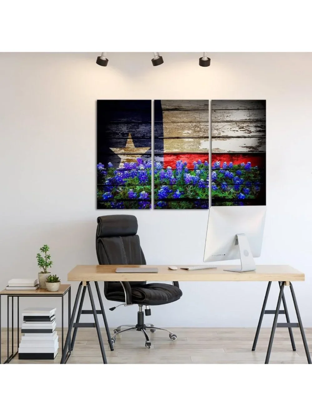 Texas Wall Art Canvas Set - Bluebonnet Flag Prints for Home Office Decor